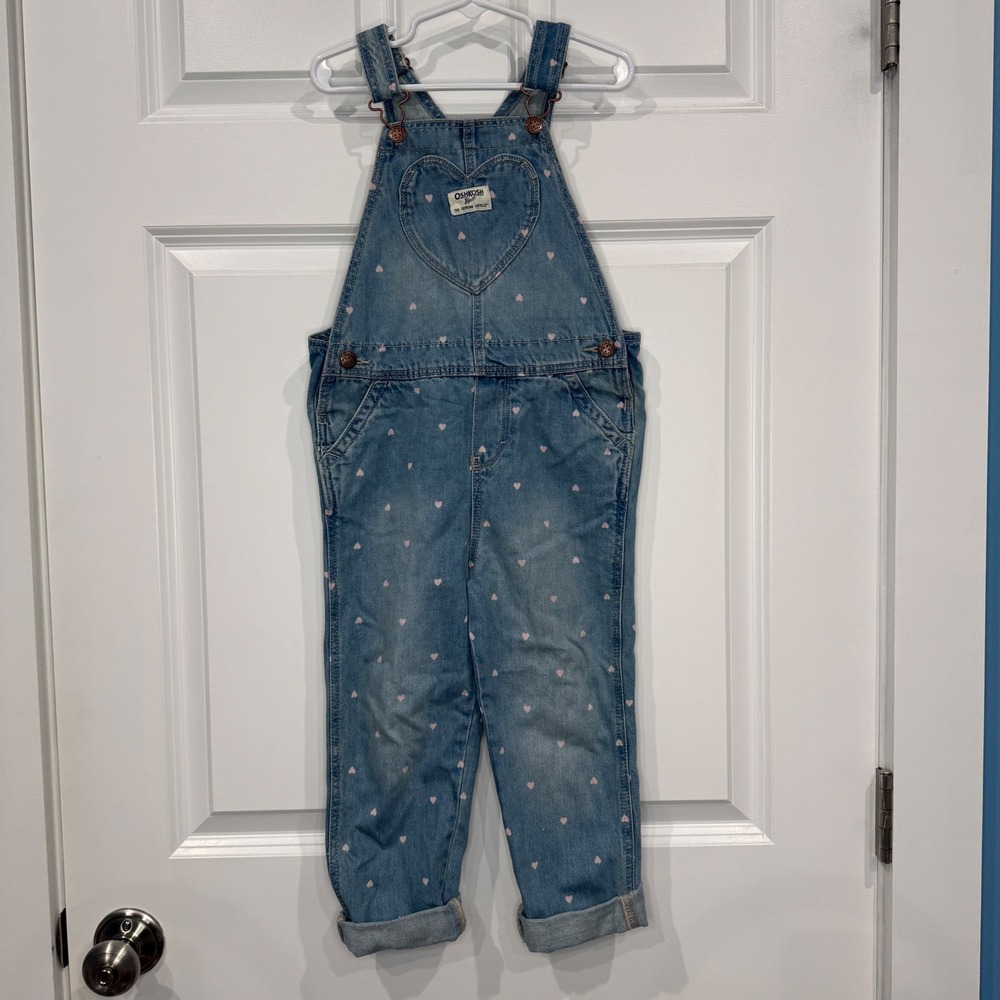 OshKosh Bgosh Girls Heart Print‎ Denim Overalls Size 5T Jumpsuit